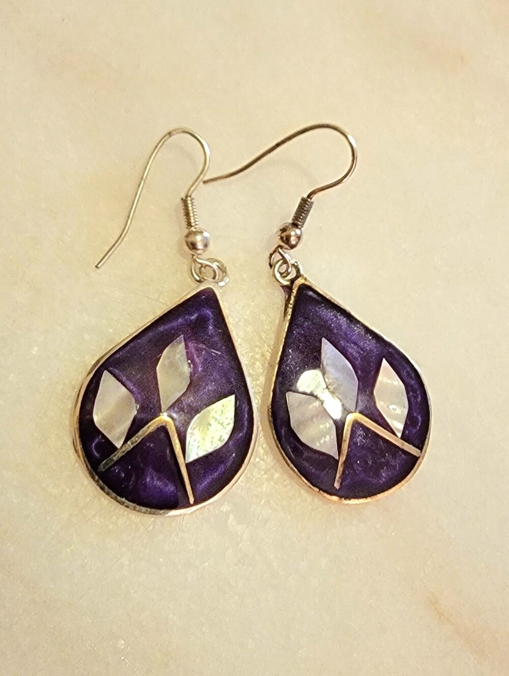 Vintage Mexican Alpaca Silver Abalone Shell Dangle Earrings Purple Teardrop
